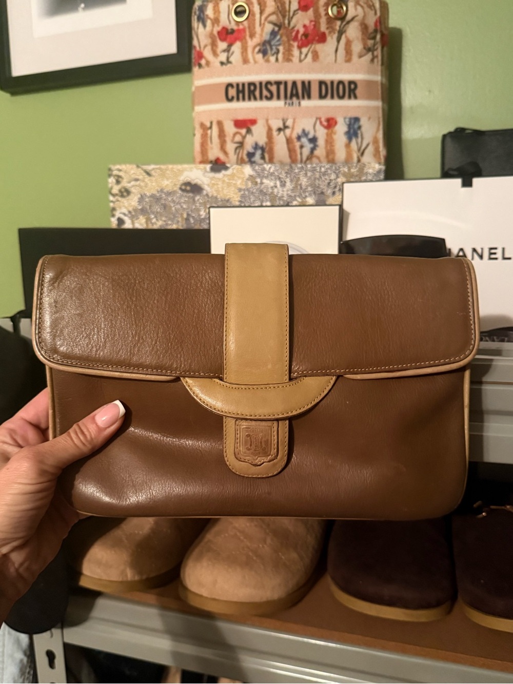 Celine Two-Tone Brown and Tan Leather Fold-Over Clutch